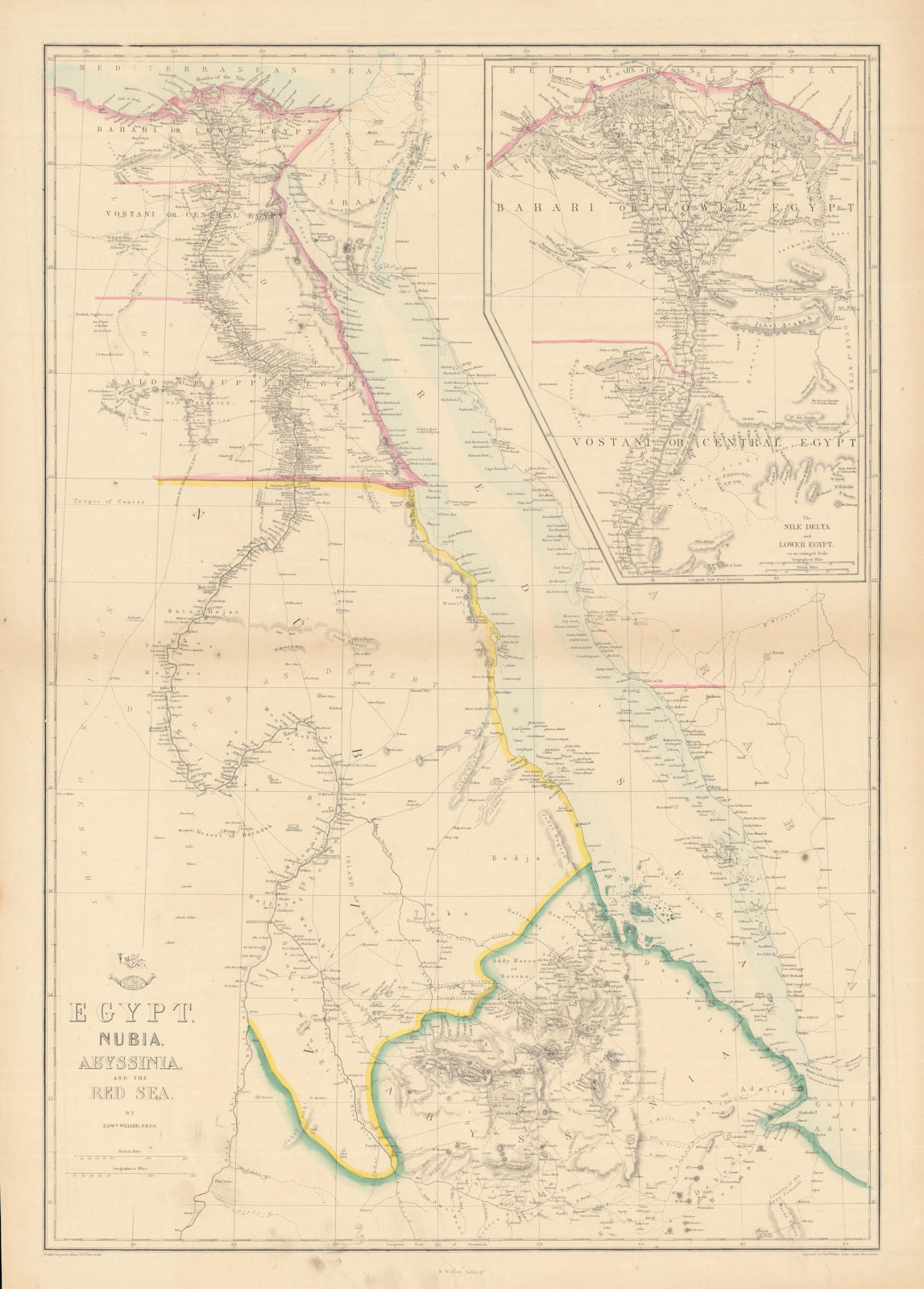 'Egypt, Nubia, Abyssinia and the Red Sea'. Nile valley & delta. WELLER 1863 map
